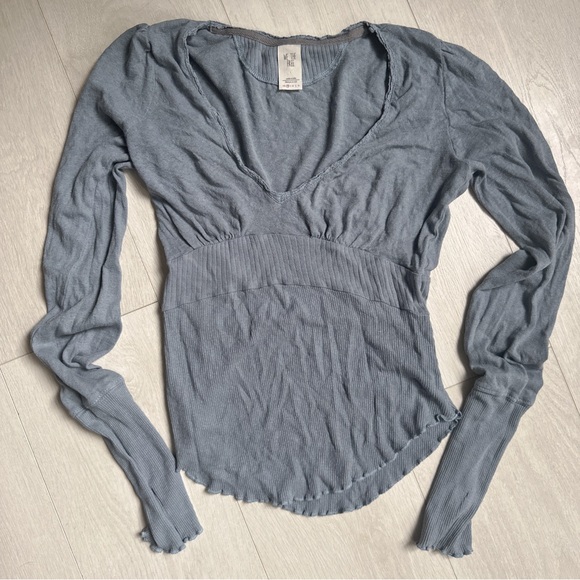 Free People We The Free Blue Cotton Linen Blend V-Neck Empire Waist Top XS - Picture 4 of 16